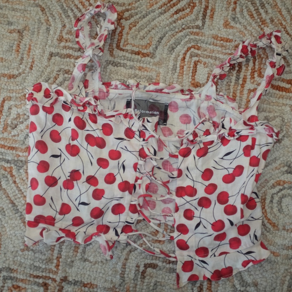 Reformation Corset Bustier Crop Top 2 White Red Cherry Print Linen Lace Up Tank